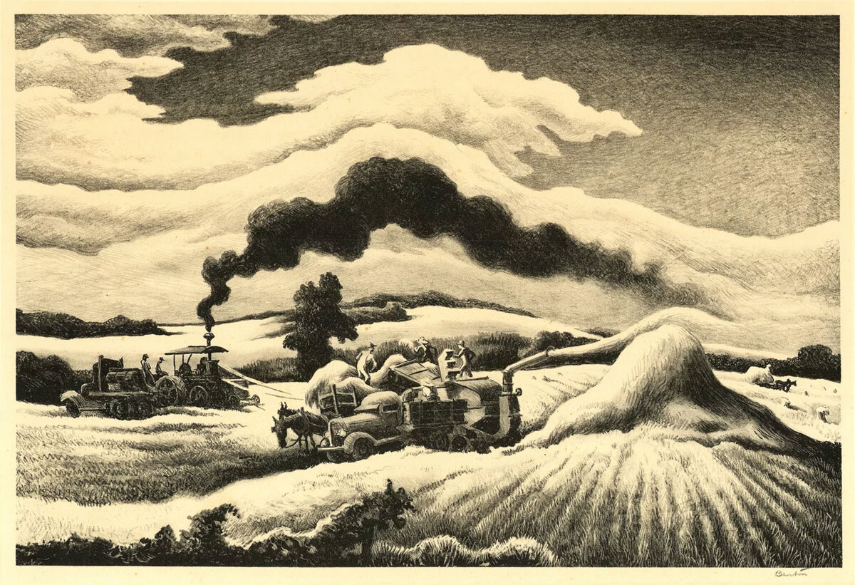 Thomas Hart Benton, Threshing, 1941 Lithograph (ed. of 250) 9 1/4 × 13 3/4 in (23.5 × 34.9 cm)